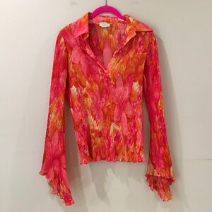 Cache Pink & Orange Pleated Long-Sleeve Blouse